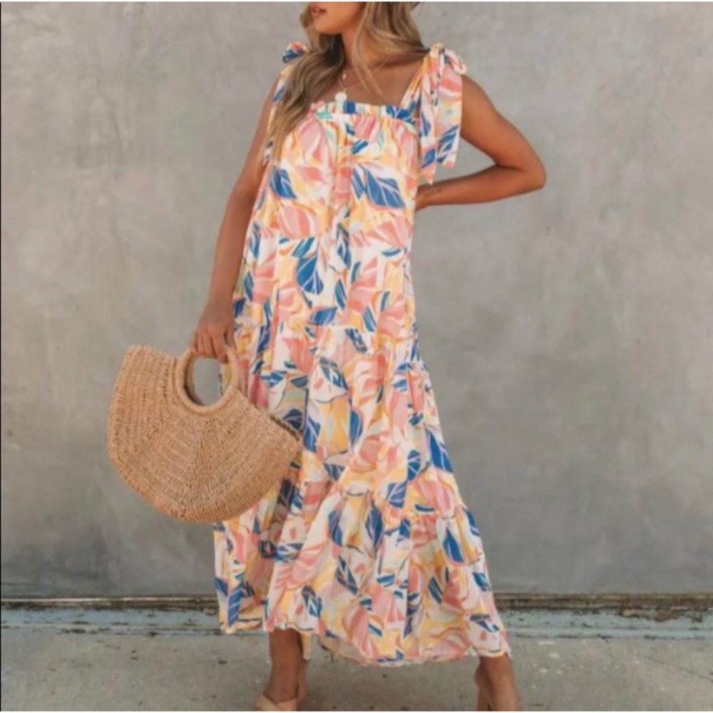 Vici Maxi Dress in Peach, Blue & Yellow Leaf Print